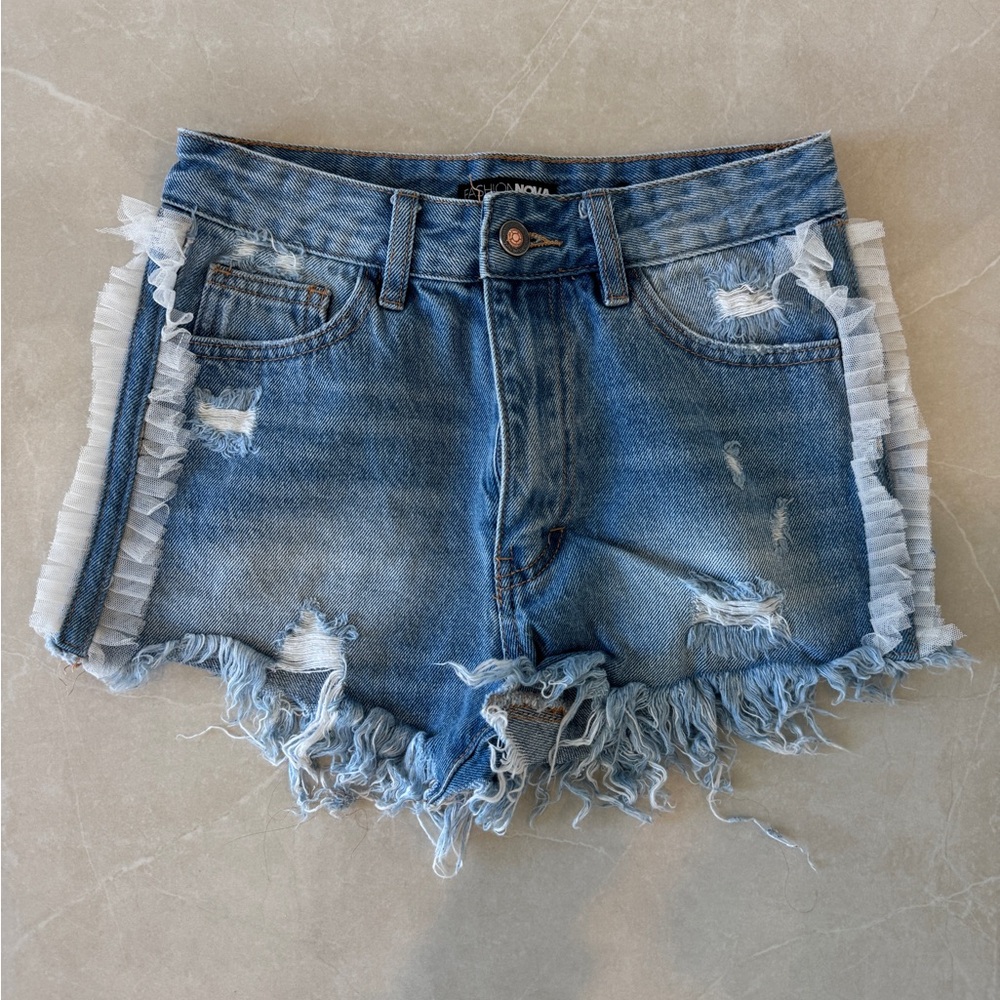 Fashion Nova Blue Distressed Ruffle Jean Shorts
